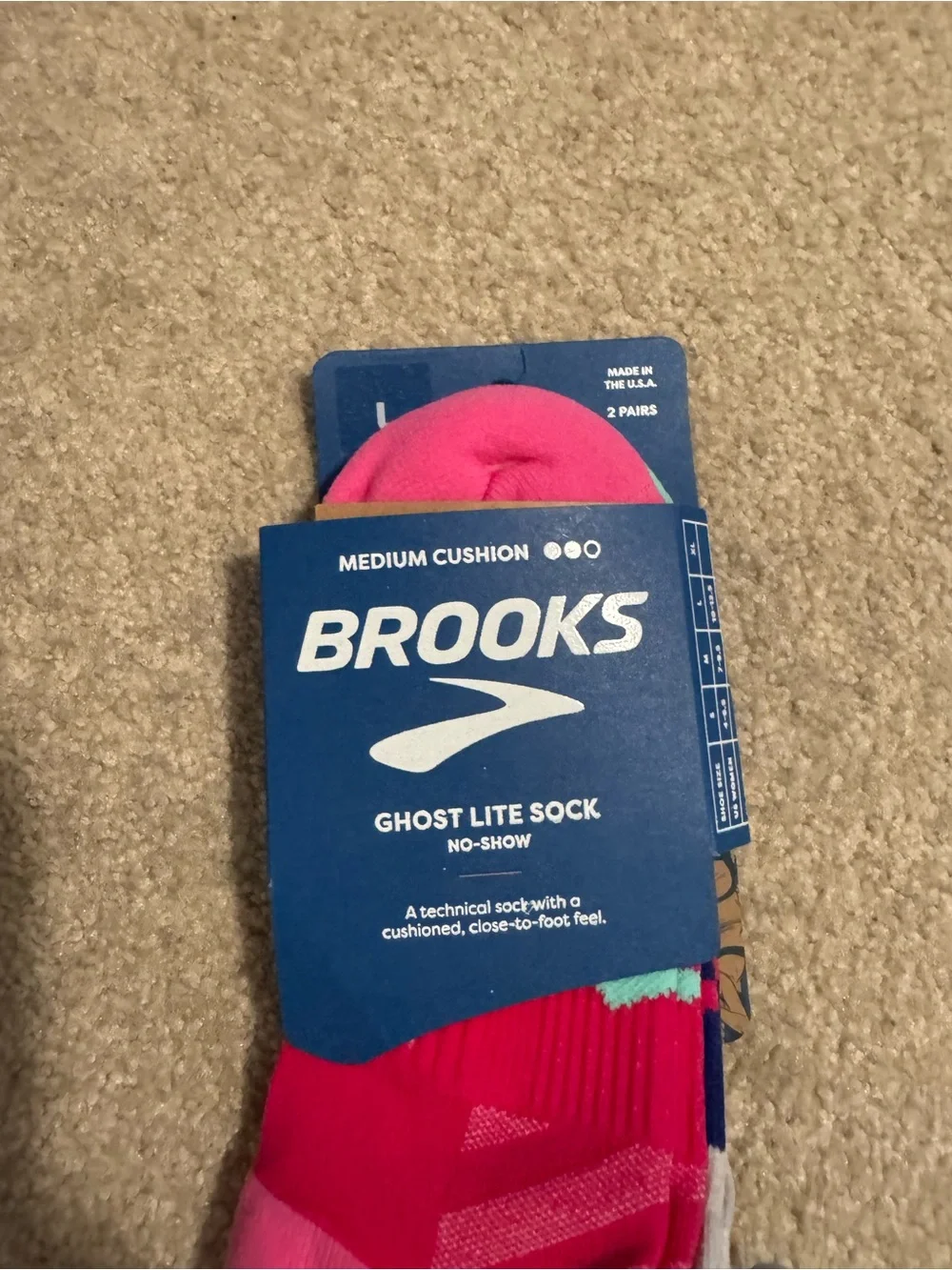Brooks Ghost Lite No Show 2-Pack Pink/Salt/ Light Grey Running Socks NWT-Large